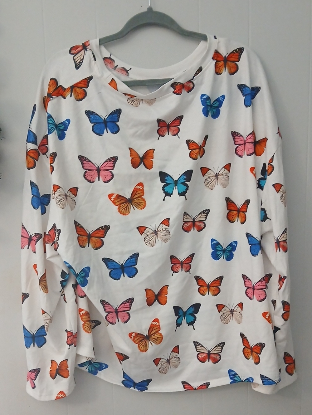 SHEIN White Long Sleeve Top with Blue, Orange, Pink & Cream Butterflies - Picture 5 of 5